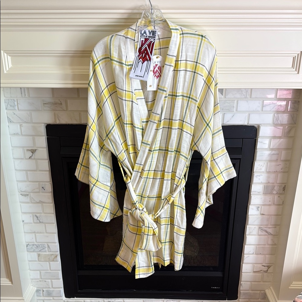 Yellow Plaid Kimono Wrap Dress